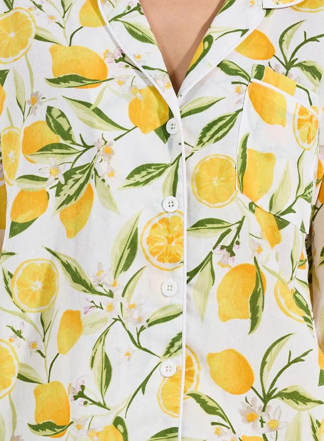 ستايلي Cotton Linen Lemon Print Shirt & Pyjama Set