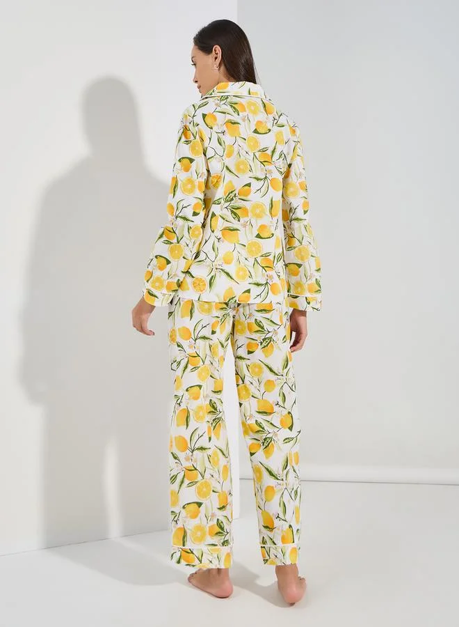 ستايلي Cotton Linen Lemon Print Shirt & Pyjama Set