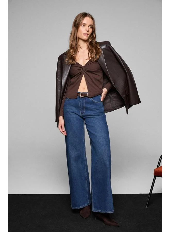 GRIMELANGE ANUVIEA Women's Asymmetric Collared Front Open Flexible Fabric Long Sleeve Dark Brown Blouse.
