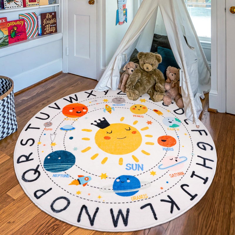 LTKOUGFAM ABC Kids Rug4 ft Washable Nursery RugSoft Plush Educational Circle RugNonSlip Solar System Alphabet Rug for Classroom playroom Bedroom Kids Room Decor