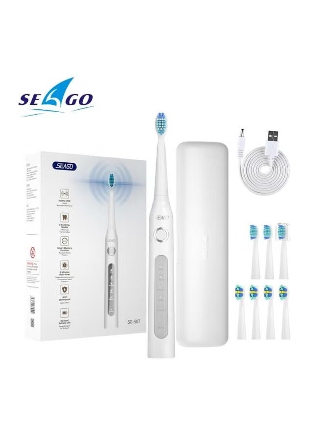 سيجو فرشاة أسنان كهربائية سياغو SG-507 – فرشاة قابلة للشحن، 8 رؤوس تنظيف، 40,000 اهتزاز/دقيقة، 5 أوضاع تنظيف، تبييض الأسنان، بطارية تدوم 30 يومًا – أبيض - Image 1