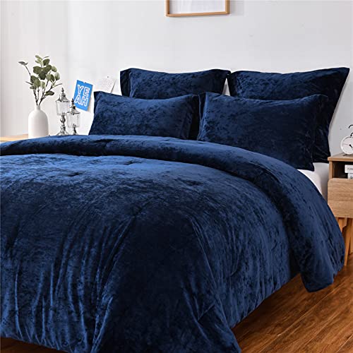 Sunshine Nicole Distressed Velvet Comforter Set, Distressed Velvet Face and Brushed Solid Microfiber Reverse, with Light Weight Soft Poly Fill, 5 Pieces Navy, King - Image 2