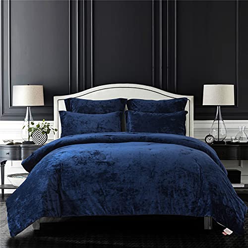 Sunshine Nicole Distressed Velvet Comforter Set, Distressed Velvet Face and Brushed Solid Microfiber Reverse, with Light Weight Soft Poly Fill, 5 Pieces Navy, King - Image 1