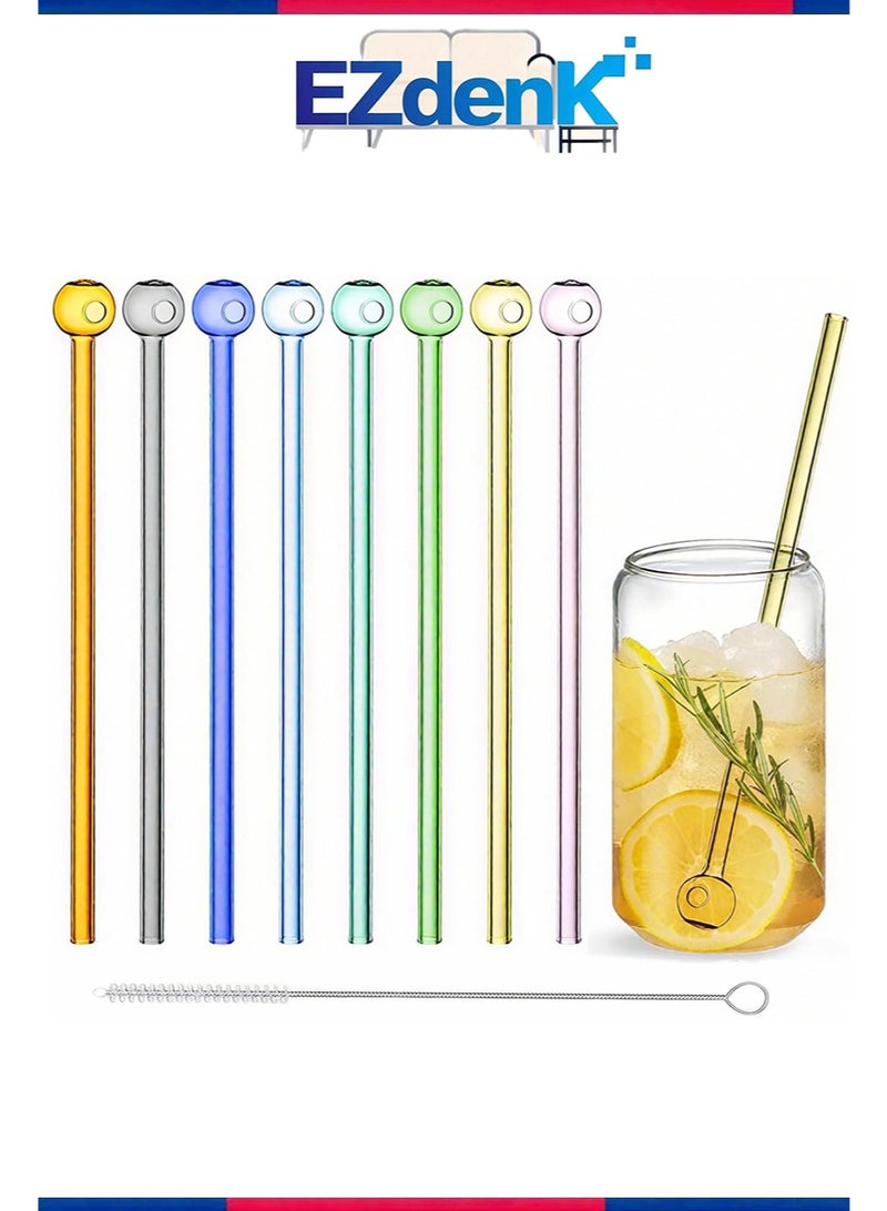 إزدنك 8 قطع من مصاصات الشرب الزجاجية البورسليكات القابلة لإعادة الاستخدام بطول 20 سم، مصاصات زجاجية مقاومة للكسر مع فرشاة تنظيف واحدة، مجموعة مصاصات زجاجية ملونة قابلة لإعادة الاستخدام، مصاصات شفافة لطيفة على شكل كرة مجوفة (8 ألوان) - Image 1