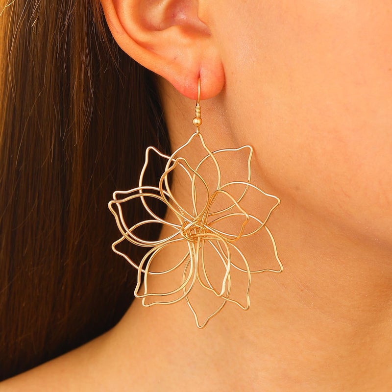 GIGB PBDK Gold Big Flower Statement Earrings for Women Dangling Boho Vintage Large Daisy Floral Petal Dangle Earrings Wire Floral Hook Earrings Valentines Gifts(Gold) - Image 3
