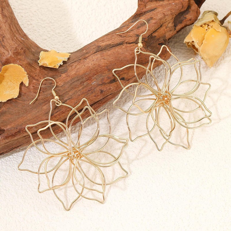 GIGB PBDK Gold Big Flower Statement Earrings for Women Dangling Boho Vintage Large Daisy Floral Petal Dangle Earrings Wire Floral Hook Earrings Valentines Gifts(Gold) - Image 5