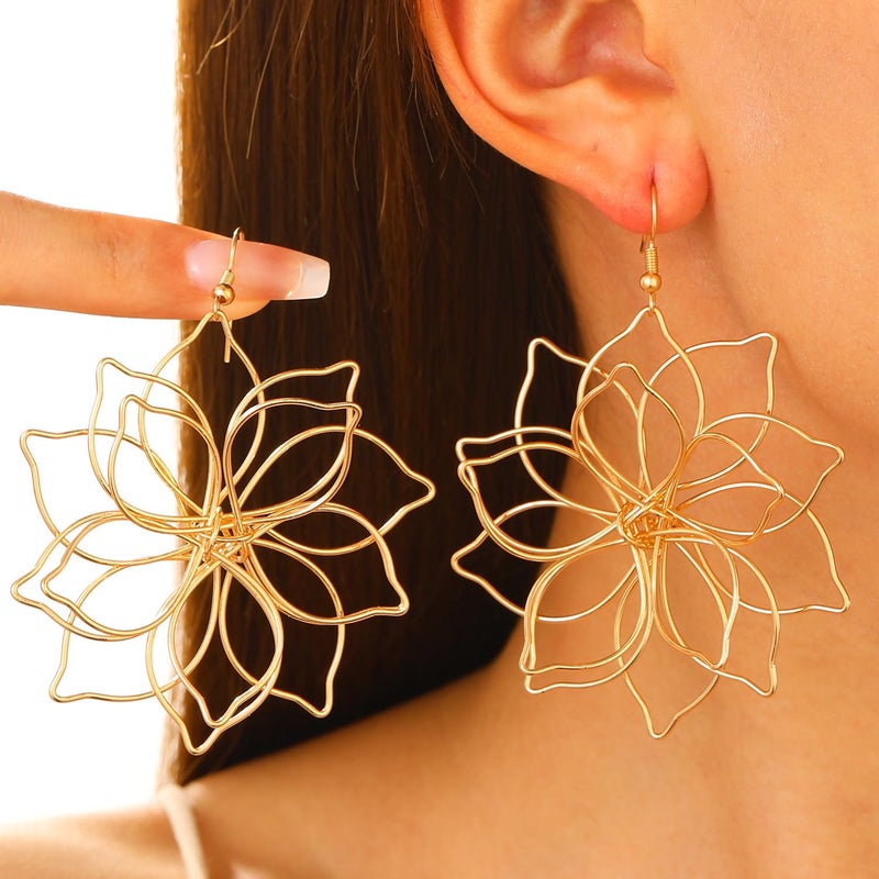 GIGB PBDK Gold Big Flower Statement Earrings for Women Dangling Boho Vintage Large Daisy Floral Petal Dangle Earrings Wire Floral Hook Earrings Valentines Gifts(Gold) - Image 4