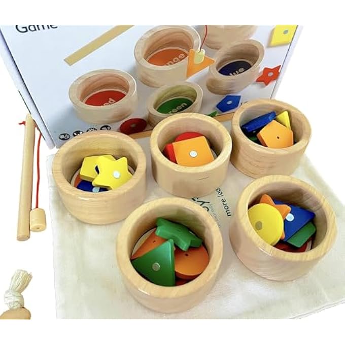 MONTESSORI TOY WOODEN SORTING CUP&FISHING GAME 2-IN-1 COLORS SHAPES SORTING MATCHING LEARNING TOYS FOR TODDLERS 1-3 YEAR OLD - Image 5