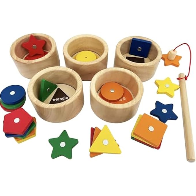 MONTESSORI TOY WOODEN SORTING CUP&FISHING GAME 2-IN-1 COLORS SHAPES SORTING MATCHING LEARNING TOYS FOR TODDLERS 1-3 YEAR OLD - Image 2