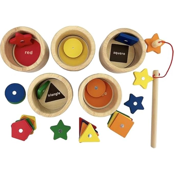 MONTESSORI TOY WOODEN SORTING CUP&FISHING GAME 2-IN-1 COLORS SHAPES SORTING MATCHING LEARNING TOYS FOR TODDLERS 1-3 YEAR OLD - Image 3