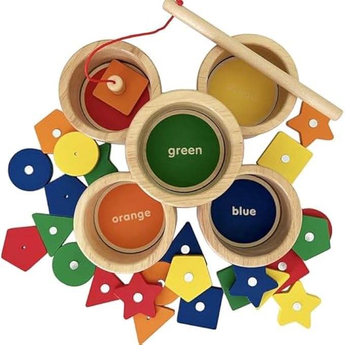 MONTESSORI TOY WOODEN SORTING CUP&FISHING GAME 2-IN-1 COLORS SHAPES SORTING MATCHING LEARNING TOYS FOR TODDLERS 1-3 YEAR OLD - Image 4