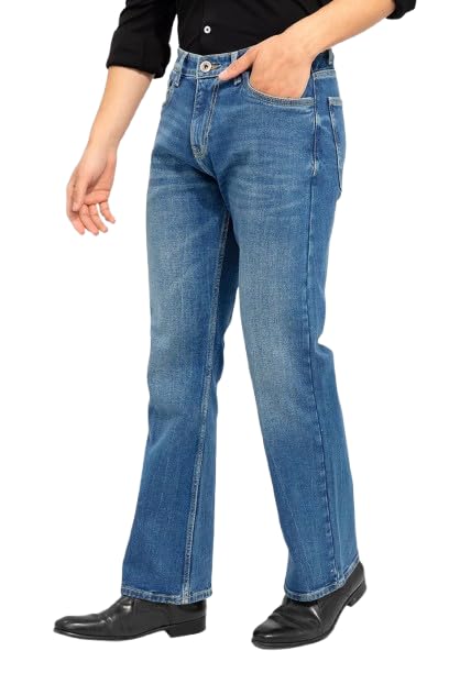 Waltz Men's High Waist Stretchable Boot Cut Wide Leg Flared Casual Light Blue Denim Cotton Bell Bottom Jeans Pants for Men, 32 - Image 1