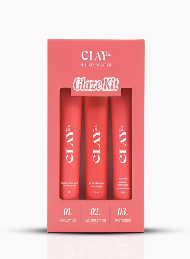 ClayCo Glaze Kit | Exfoliation + Moisturisation + Sun Protection | Matcha Enzyme Scrub, Rice & Ceramide Moisturiser & Water-Gel Sunscreen | 3-Step Japanese Skincare Ritual | 30ml - Image 1