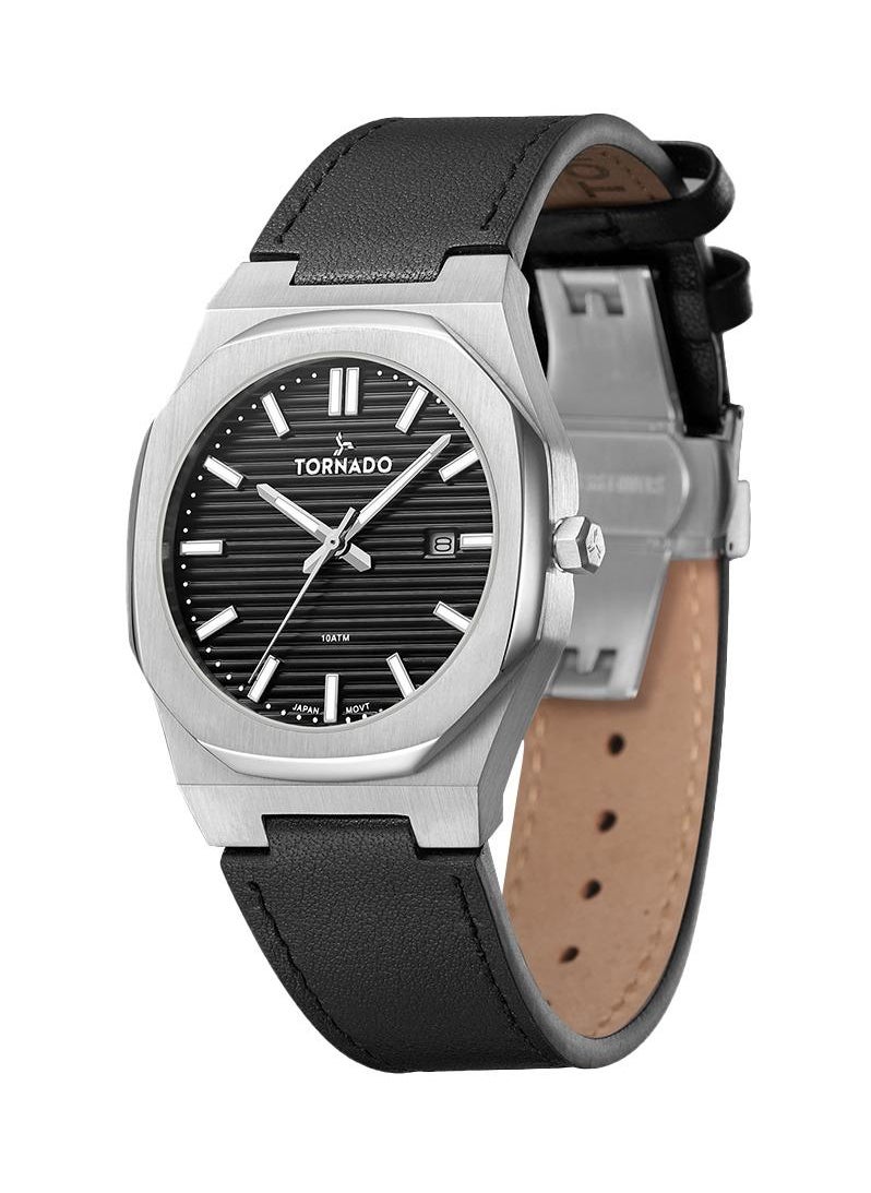 TORNADO - Tornado Spectra Men's Japan Quartz Movement Watch, Analog Display and Leather Strap - T22002-SLBB, Black - Image 1