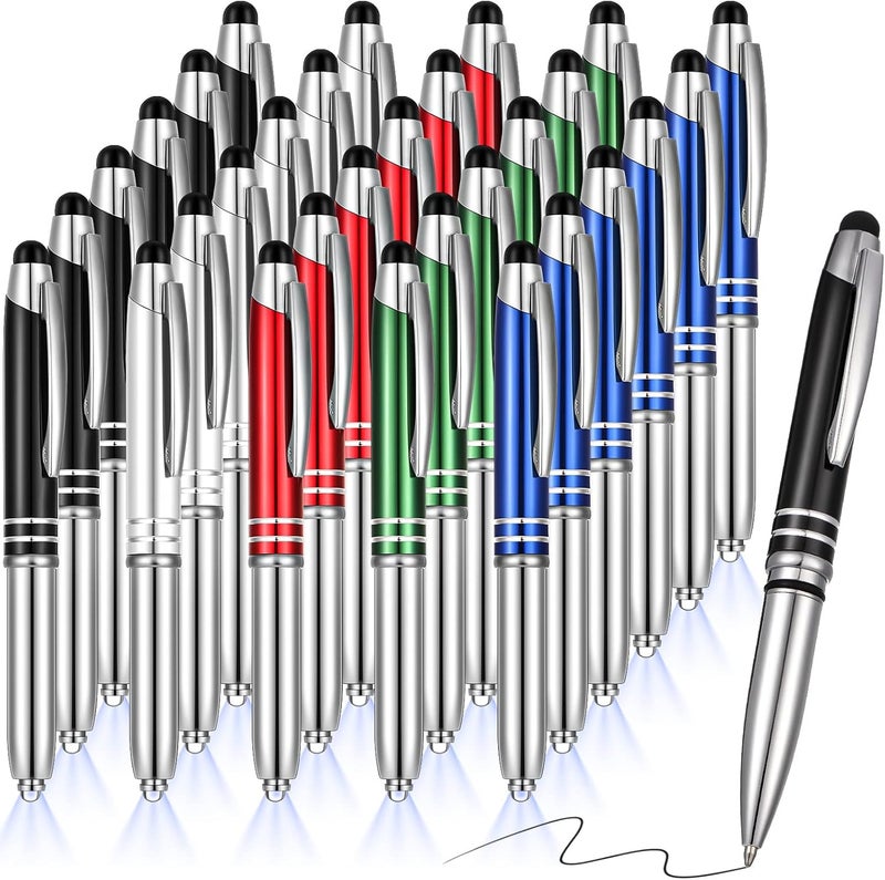 klarako 30 Pieces LED Ballpoint Pen with Stylus Tip, Multi-Function Capacitive Pen with LED Flashlight, 1.0 mm Black Ink Metal Pen Stylus Pen for Touch Screens, 3 in 1 Stylus Ballpoint Pen (Multiple Colors) - Image 1