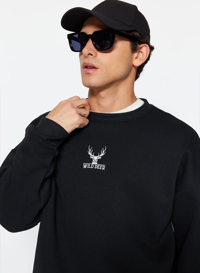 trendyol Black Oversize/Wide Cut Long Sleeve Animal Embroidered Sweatshirt - Image 2