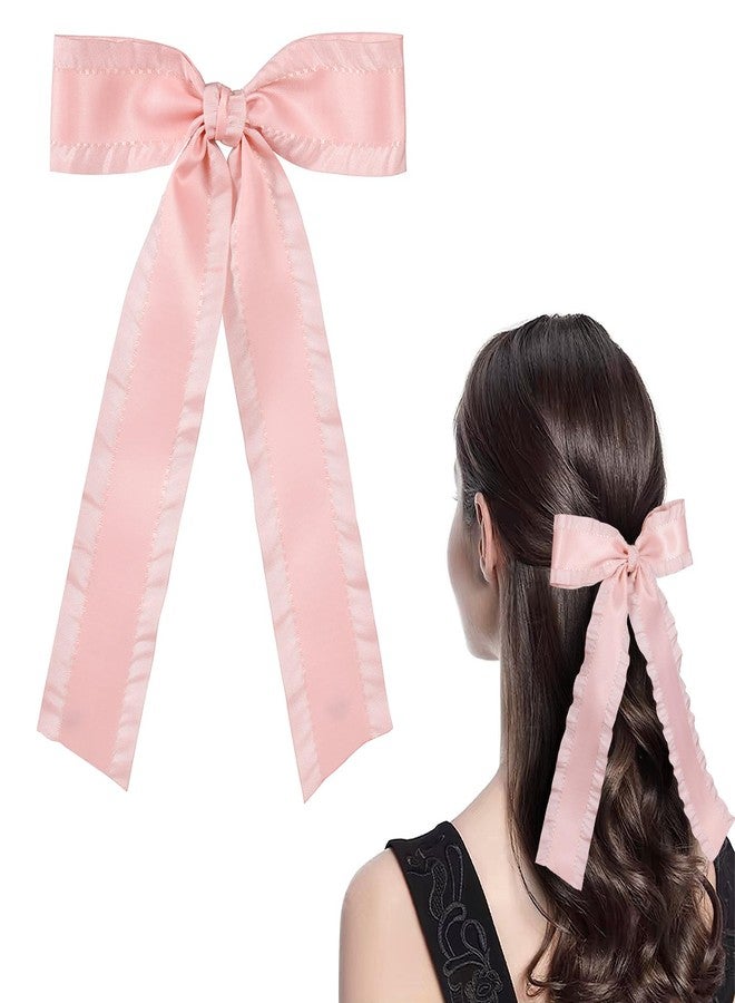 Miroksh 5.5” Korean Pink Ruffle Ribbon Tassel Hair Bows for Women Girls Satin Bowknot Alligator Clips with Long Tail, Stylish Barrettes Hairpins for Wedding Party, Everyday - Image 1