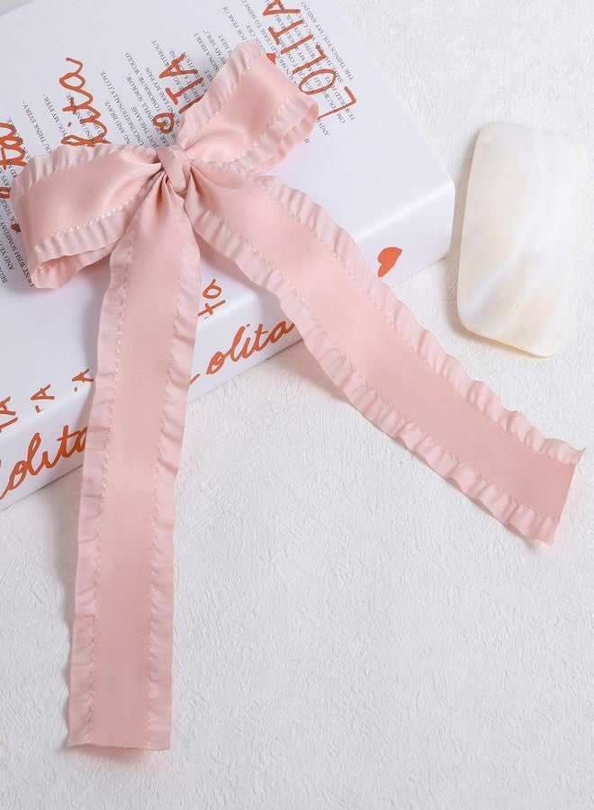 Miroksh 5.5” Korean Pink Ruffle Ribbon Tassel Hair Bows for Women Girls Satin Bowknot Alligator Clips with Long Tail, Stylish Barrettes Hairpins for Wedding Party, Everyday - Image 2