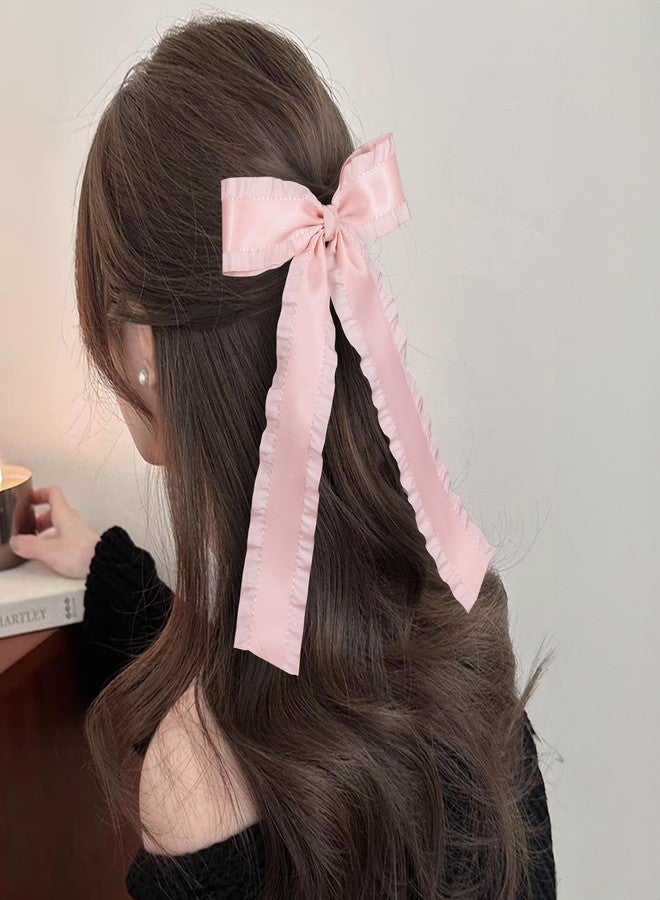 Miroksh 5.5” Korean Pink Ruffle Ribbon Tassel Hair Bows for Women Girls Satin Bowknot Alligator Clips with Long Tail, Stylish Barrettes Hairpins for Wedding Party, Everyday - Image 3