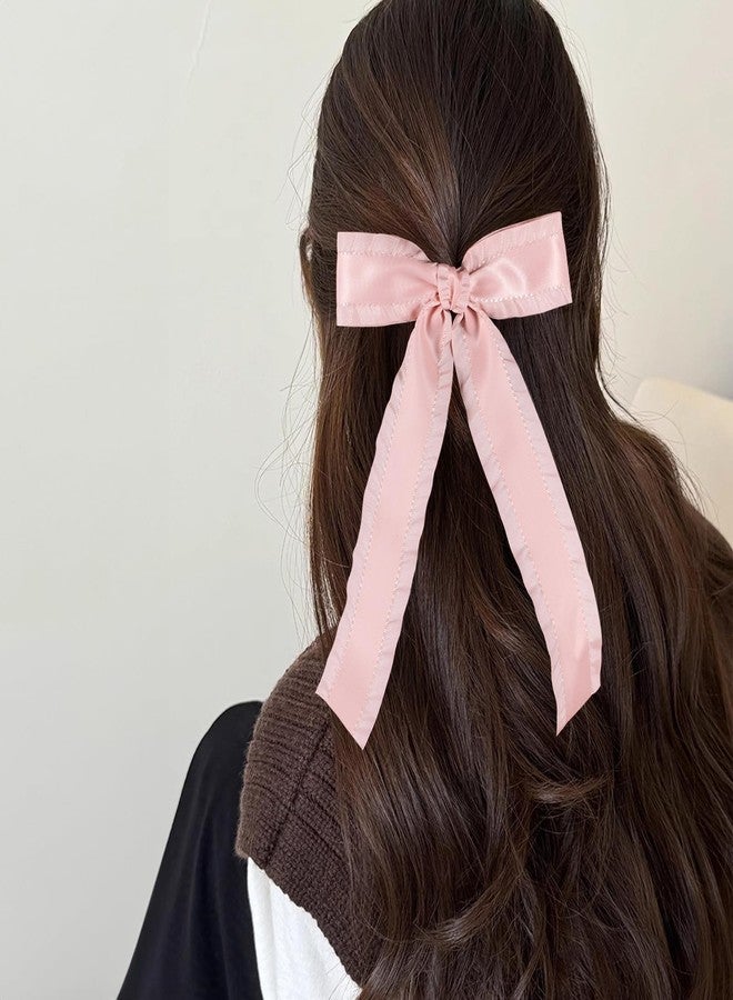 Miroksh 5.5” Korean Pink Ruffle Ribbon Tassel Hair Bows for Women Girls Satin Bowknot Alligator Clips with Long Tail, Stylish Barrettes Hairpins for Wedding Party, Everyday - Image 5