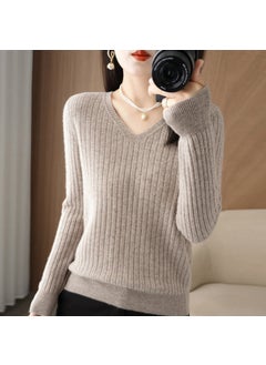 Spring 2025 Womens Wool-Blend Sweater V-Neck Solid Color Ribbed Pullover Base Knitted Top Smooths Your Silhouette Original camel