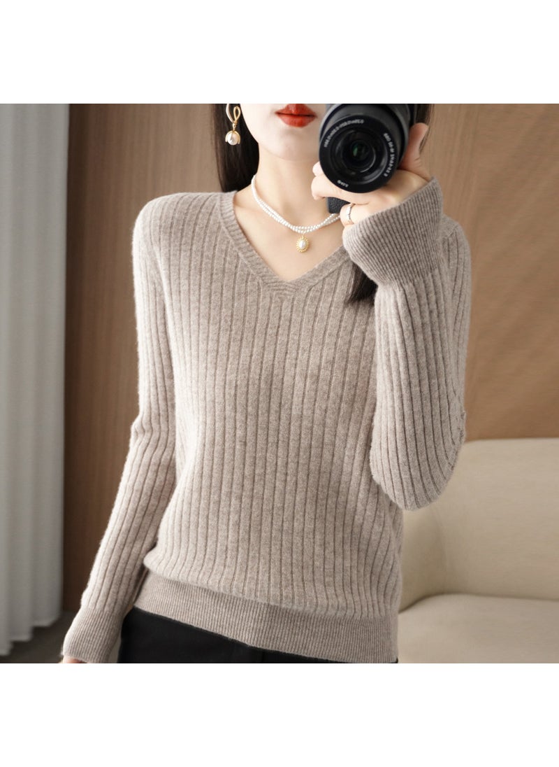 Generic - Spring 2025 Womens Wool-Blend Sweater V-Neck Solid Color Ribbed Pullover Base Knitted Top Smooths Your Silhouette Original camel - Image 1