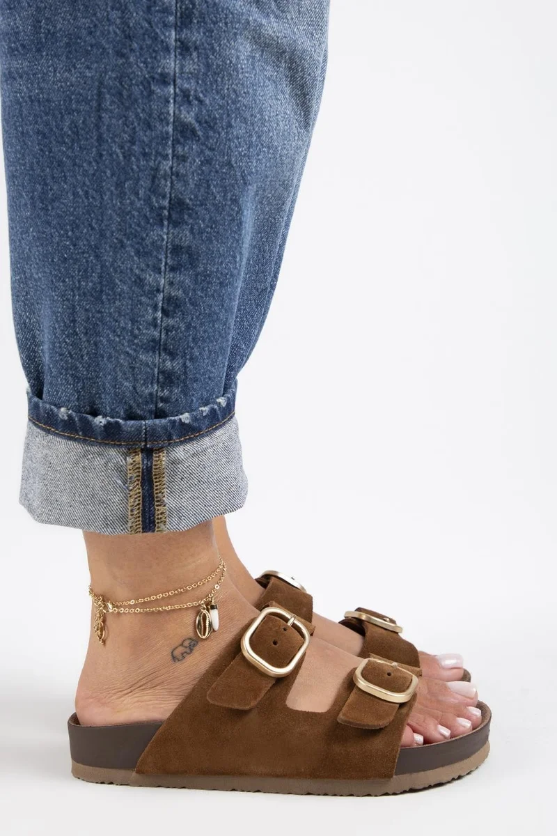 Manijero Manijero Jazmin Women's Genuine Leather Double Buckle Tan Slippers