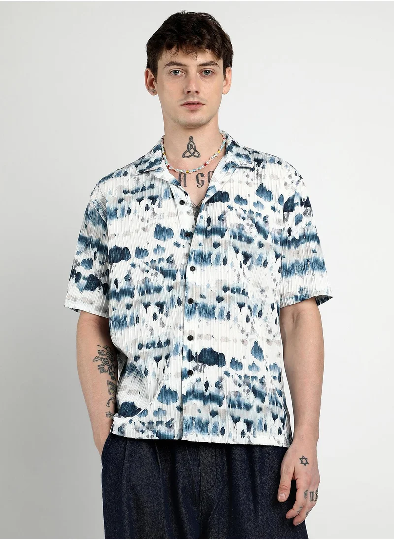 Campus Sutra Men's Navy Blue Oversized Water Strokes Shirt