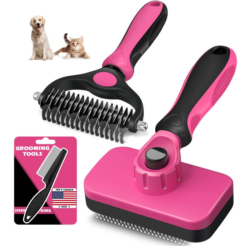 Augwind 3PCS Self Cleaning Slicker Brush & Pet Grooming Rake & Flea Comb for Dogs,Cats and Horses | Double-Sided Dematting Comb & Skin Friendly Deshedding Grooming Tool (Red Black) - Image 1
