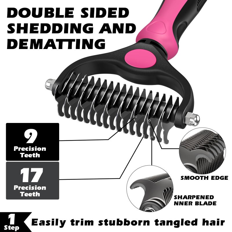 Augwind 3PCS Self Cleaning Slicker Brush & Pet Grooming Rake & Flea Comb for Dogs,Cats and Horses | Double-Sided Dematting Comb & Skin Friendly Deshedding Grooming Tool (Red Black) - Image 2