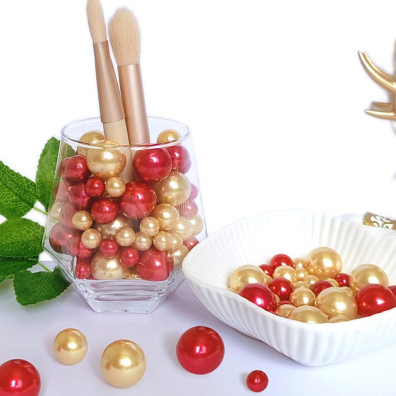 LWQYHTT Floating Pearl for Vase Filler and Transparent Water Gels No Hole Floating Pearl Beads for Wedding Centerpiece Home Table Decor, Pearls for Brush Holder 130PCS (Gold, Red) - Image 4