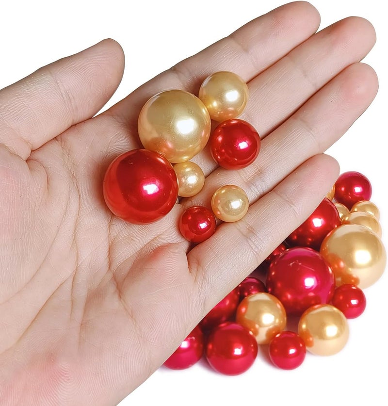 LWQYHTT Floating Pearl for Vase Filler and Transparent Water Gels No Hole Floating Pearl Beads for Wedding Centerpiece Home Table Decor, Pearls for Brush Holder 130PCS (Gold, Red) - Image 5