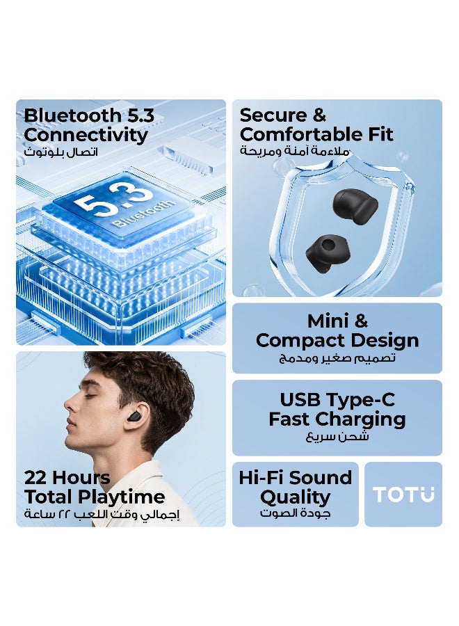 Totu True Wireless Earphones, Bluetooth 5.3, HiFi Stereo Sound, 22 Hours Total Playtime with Type-C Case, Mini In-Ear Earbuds - Black - Image 2