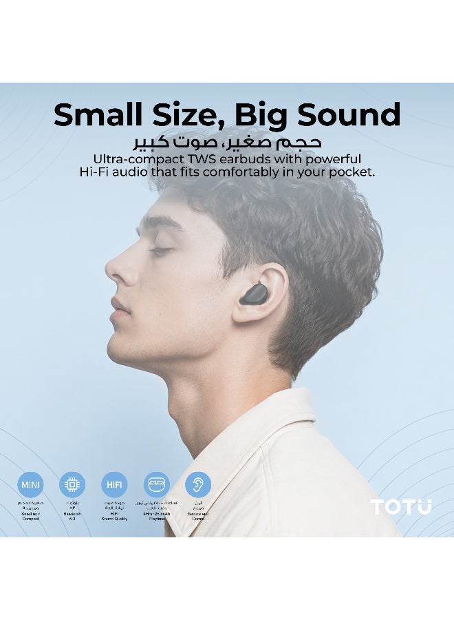 Totu True Wireless Earphones, Bluetooth 5.3, HiFi Stereo Sound, 22 Hours Total Playtime with Type-C Case, Mini In-Ear Earbuds - Black - Image 3