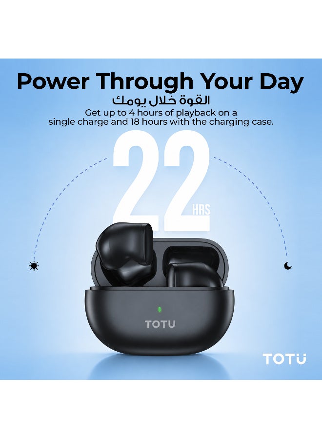 Totu True Wireless Earphones, Bluetooth 5.3, HiFi Stereo Sound, 22 Hours Total Playtime with Type-C Case, Mini In-Ear Earbuds - Black - Image 4