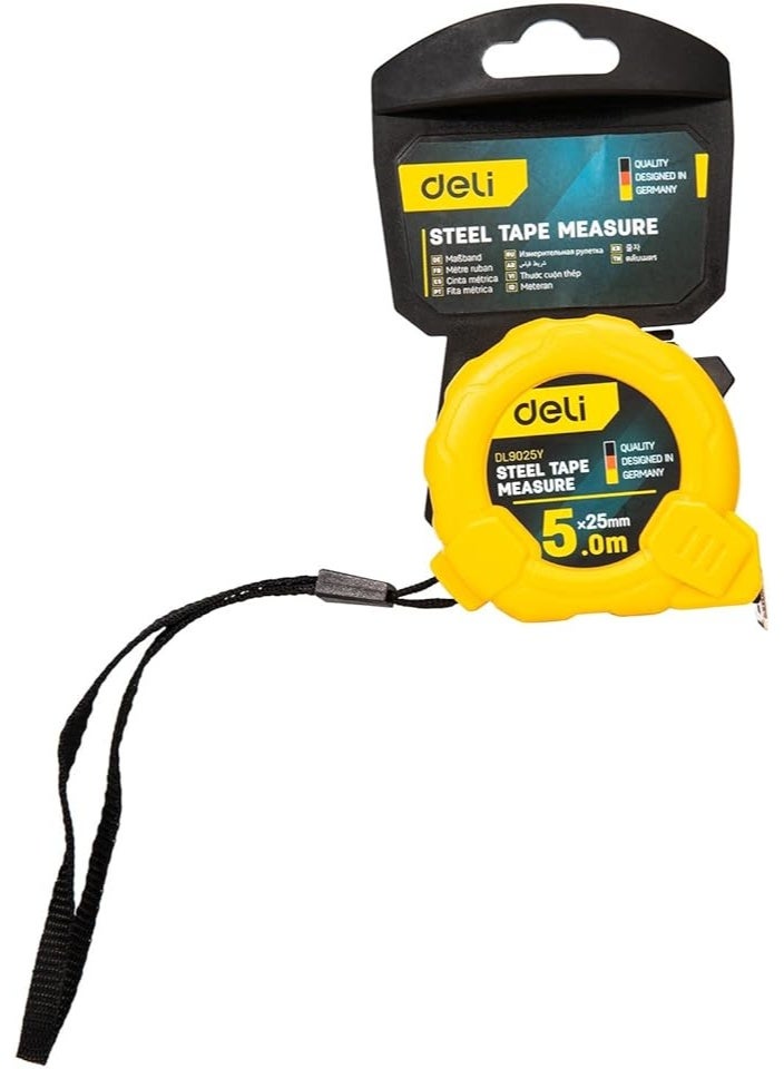 Deli DL9025Y Measuring Tape 5m x 25mm - ABS Case with Stainless Steel Blade - Professional Retractable Tape Measure - Image 1