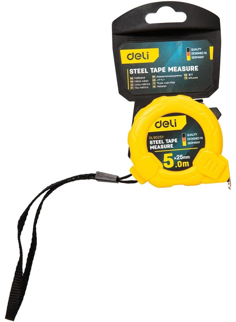 Deli DL9025Y Measuring Tape 5m x 25mm - ABS Case with Stainless Steel Blade - Professional Retractable Tape Measure - Image 3