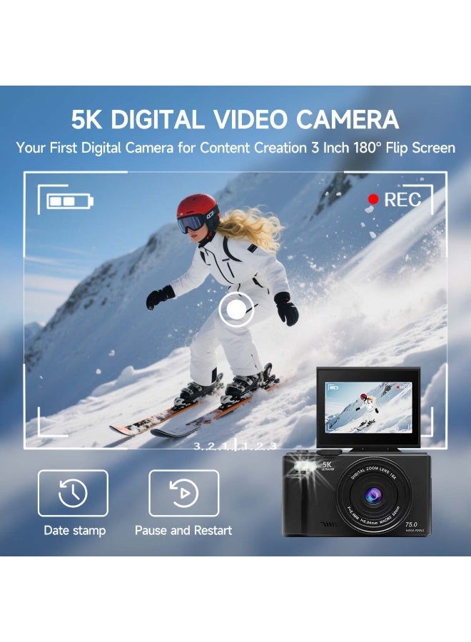 Generic 5K Digital Camera for Photography, Autofocus 75MP Vlogging Camera with Flash, 3" 180° Flip Screen, 18X Zoom, 64GB Card, Point and Shoot YouTube Camera for Teens, Adults, Beginners - Image 3
