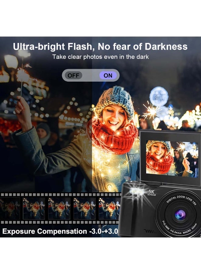 Generic 5K Digital Camera for Photography, Autofocus 75MP Vlogging Camera with Flash, 3" 180° Flip Screen, 18X Zoom, 64GB Card, Point and Shoot YouTube Camera for Teens, Adults, Beginners - Image 5