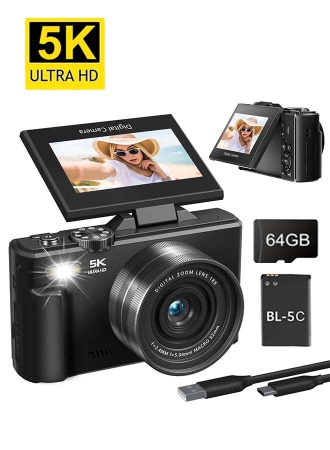 Generic 5K Digital Camera for Photography, Autofocus 75MP Vlogging Camera with Flash, 3" 180° Flip Screen, 18X Zoom, 64GB Card, Point and Shoot YouTube Camera for Teens, Adults, Beginners - Image 1