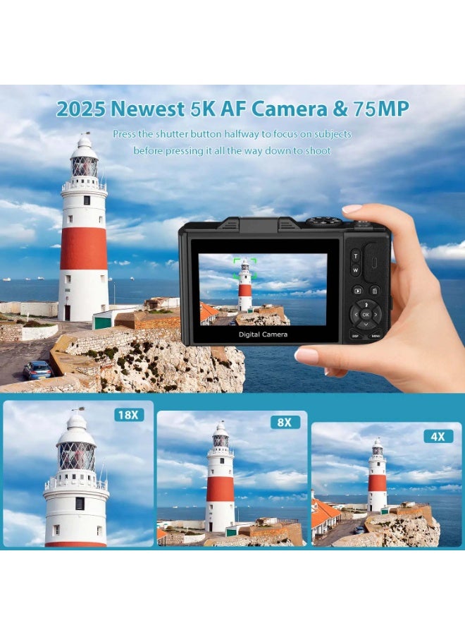 Generic 5K Digital Camera for Photography, Autofocus 75MP Vlogging Camera with Flash, 3" 180° Flip Screen, 18X Zoom, 64GB Card, Point and Shoot YouTube Camera for Teens, Adults, Beginners - Image 2