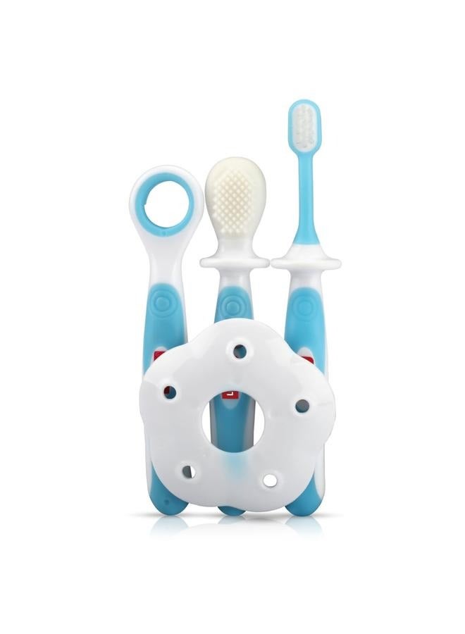 Luvlap Baby Training Toothbrush Set with Anti Choking Shield, Teeth & Tongue Cleaner, Baby Oral Hygiene, 3 pcs, (White/Blue) - Image 1