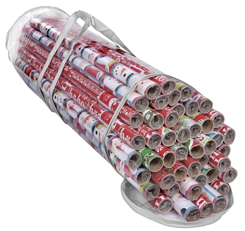 ProPik Gift Wrap Organizer Wrapping Paper Storage Bag Fits Holiday Papers 40 Inch Long Holds Up To 24 Rolls Heavy Duty Clear PVC Bag with Handles White  Clear