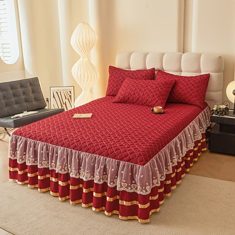 3pcs Set High-End Luxurious Quilted -Lined Lace Trim Bed Skirt Set: Bed Skirt *1 + Pillowcases *2. Skin-friendly, Breathable, Soft, and Comfortable Bed Skirt. Thickened and Warm Bedding for Autumn and Winter. Non-slip Mattress Protector, Solid Color - Image 1
