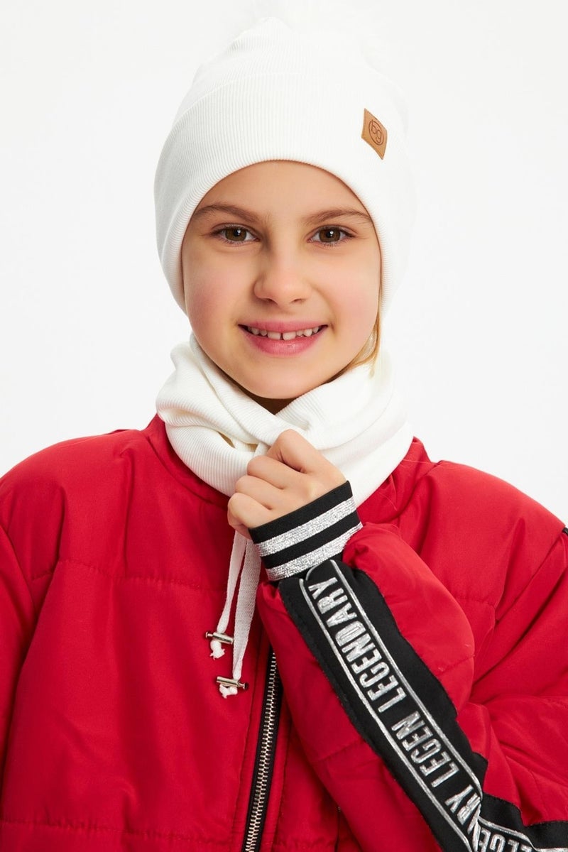 Babygiz White Girl's Fur Pompom Hat Beanie Neck Collar Set Cotton Camisole  - Image 3