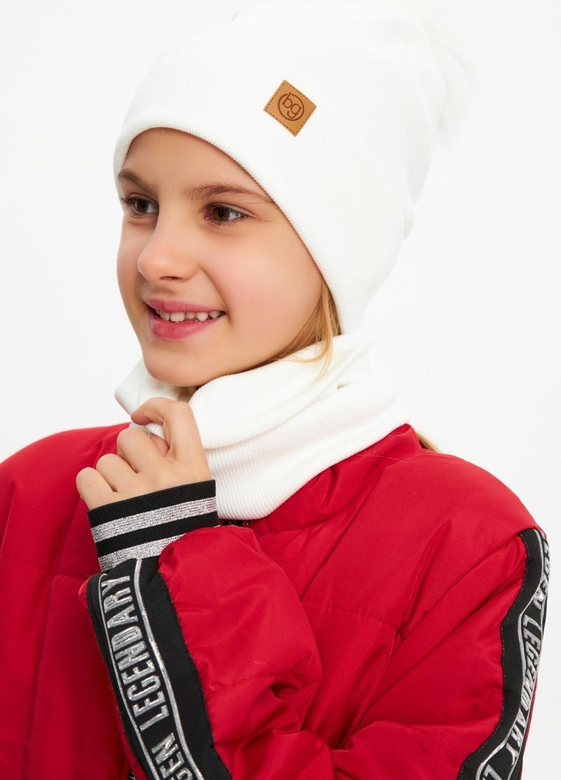 Babygiz White Girl's Fur Pompom Hat Beanie Neck Collar Set Cotton Camisole  - Image 1