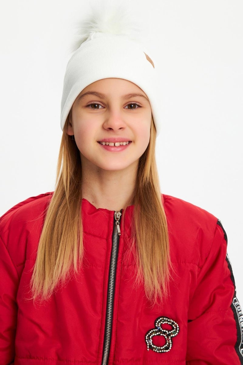 Babygiz White Girl's Fur Pompom Hat Beanie Neck Collar Set Cotton Camisole  - Image 2