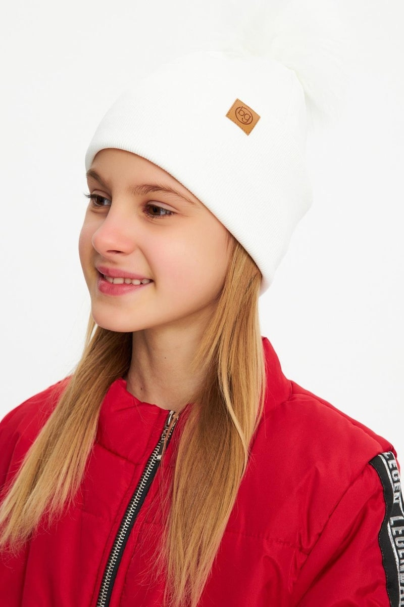 Babygiz White Girl's Fur Pompom Hat Beanie Neck Collar Set Cotton Camisole  - Image 5