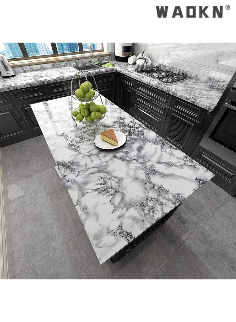 WAOKN Marble Wall Stickers, 500 x 40cm Self-Adhesive Wallpaper PVC Waterproof Oil-proof Decorative Removable Contact Paper for Kitchen Bathroom Countertop Cabinet Furniture-Ink White - Image 2