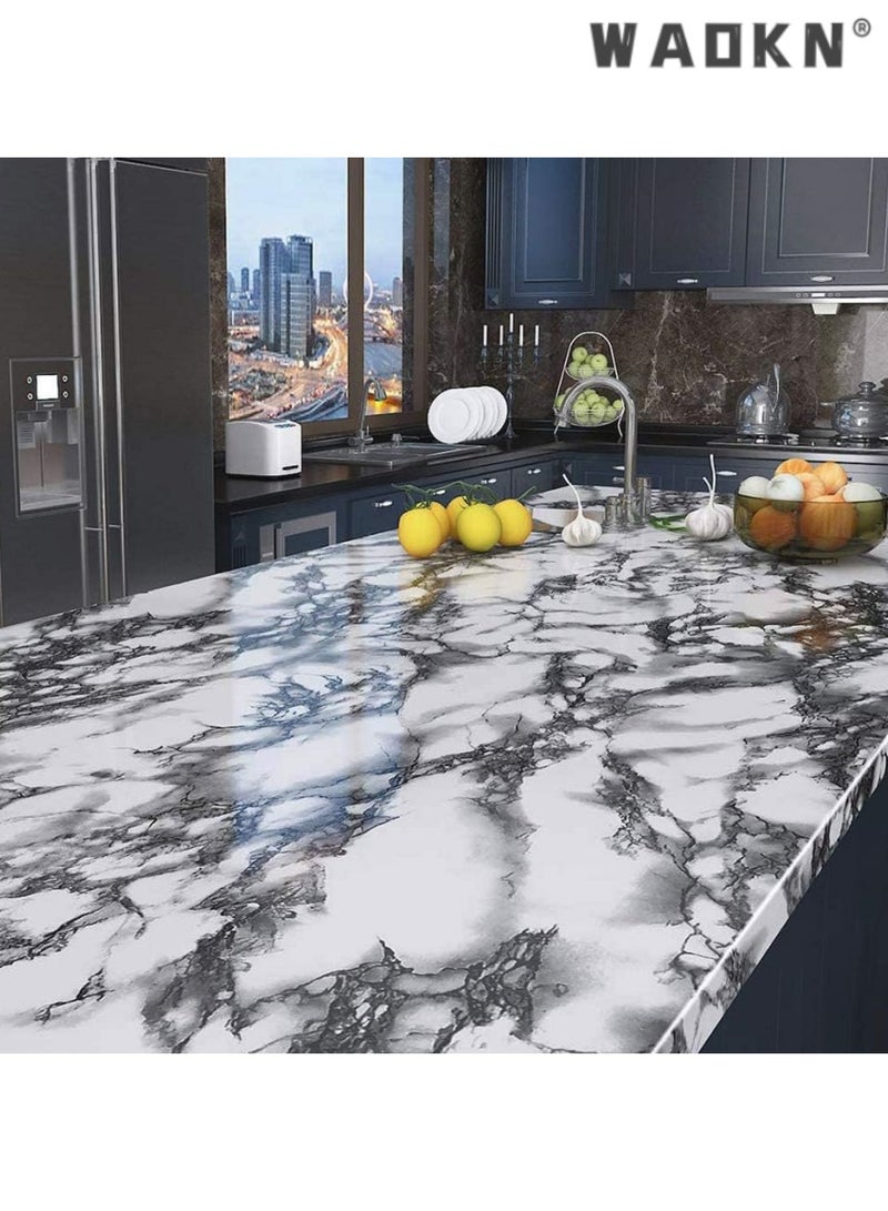 WAOKN Marble Wall Stickers, 500 x 40cm Self-Adhesive Wallpaper PVC Waterproof Oil-proof Decorative Removable Contact Paper for Kitchen Bathroom Countertop Cabinet Furniture-Ink White - Image 4